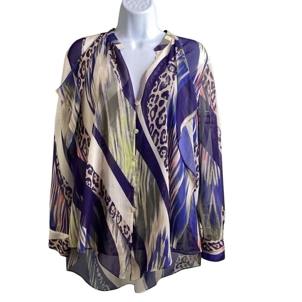 Chico's Women's Swirls Apryl Shirt Size 1 Medium‎ Flowy Oversized Art To Wear